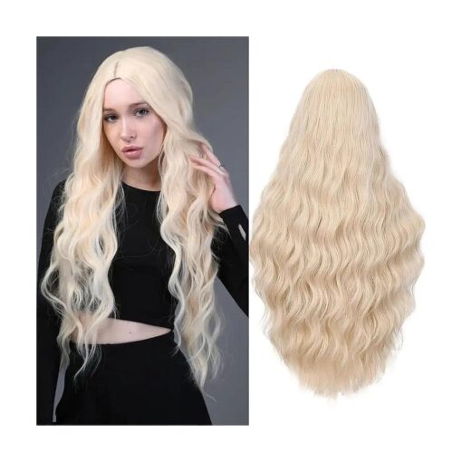 Fancy Hair Platinum Blonde Long Wavy Wig Long Blonde Synthetic Middle Part Curly Wavy Wig for Women Daily Halloween Cosplay 28 Inches