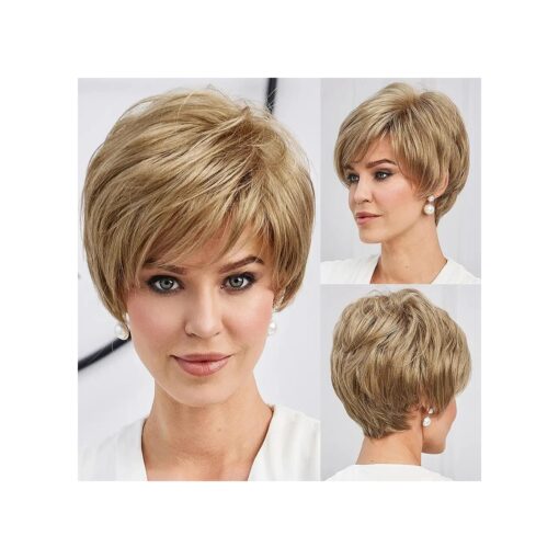 EMMOR Short Brown Blonde Wigs for Women Memory Fiber Simulated Human Hair Pixie Curly Wig With Bang, Natural Daily Use Hair ( Color 16 # )