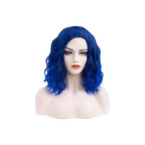 Short Royal Blue Curly Wig 14Inch for Women Girls, Ombre Dark Blue Bob Wavy Wig Heat Resistant Synthetic Blue Hair Wig with Wig Cap for Daily Party Cosplay