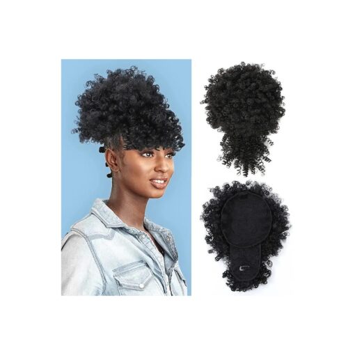 Afro Puff Drawstring Ponytail with Bangs Short Ponytail Hair Extension Black Girl Kinky Curly Hair Clip in Bangs Updo Hairpieces for Black Women ( 1B )