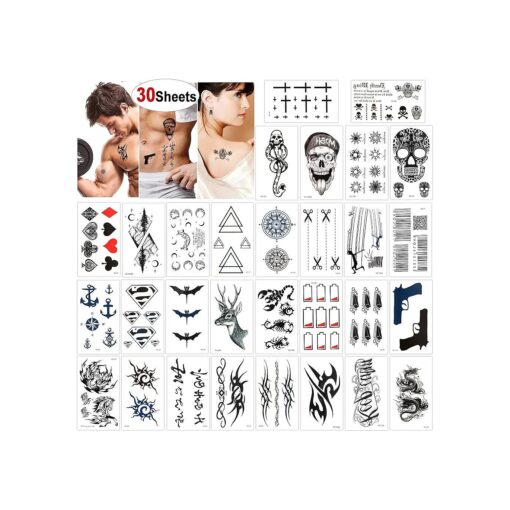 Konsait 30 Sheets Temporary Tattoos for Men Women Adult Fake Tattoo Body Art Stickers Waterproof Black Tiny Temporary Tattoo for Hand Neck Wrist Arm Shoulder Chest Back Legs, Dragon Anchor Lion Skull