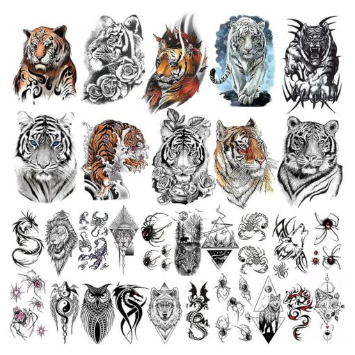 30 Sheets Large Colorful Tiger Temporary Tattoos for Men Women Realistic Tiger Temporary Tattoo Stickers for Adults 3D Fake Wolves Spider Scorpion Animals Tatoos