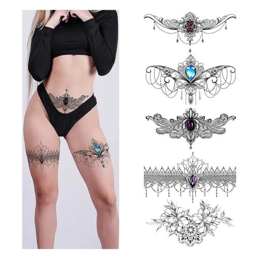 Roarhowl Lace Tattoos, Large Sexy Temporary Tattoo Set, Temporary Tattoos For Women, Belly Back Waist Thigh Body Art Fake Tattoos ( Set 1 )