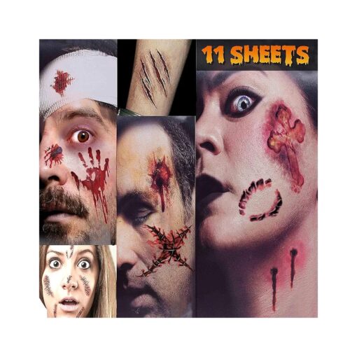 Zombie Makeup Halloween Makeup Tattoos - 11 Sheets Fake Blood Fake Scar Tattoos Halloween Makeup Kit Zombie Makeup Kit for Kids and Adults, Scary Wound Stitches Vampire Makeup Fake Cuts Zombie Tattoos