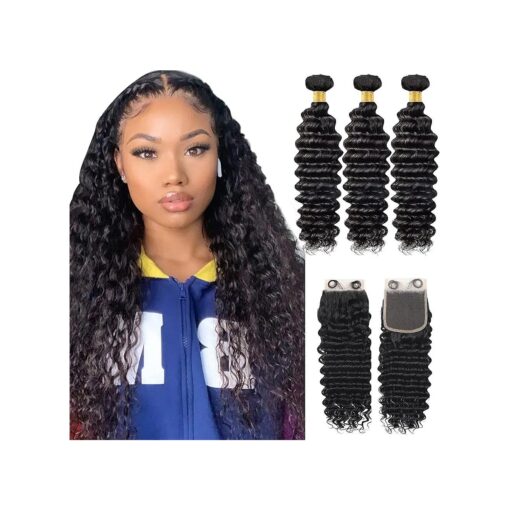 Deep Wave Human Hair 3 Bundles with Closure ( 12 14 16+10 ) Bundles with 4x4 Free Part HD Lace Closure 10A Double Weft Bundles and Frontal Unprocessed Brazilian Weave Extensions Curly Hair Natural