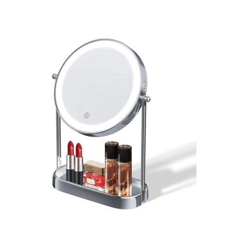 Lighted Makeup Mirror with Storage Tray 3 Lighting Modes | Rechargeable | 1X/10X Magnification | 360deg Swivel | 8" Dimmable Vanity Personal Makeup Mirror Great Gift ( Chrome )