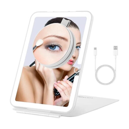 Rechargeable Travel Makeup Mirror with Lights, Portable Lighted Vanity Mirror with 10X Magnification, 70 LEDs 3 Color Lights, Touch Tabletop Folding Compact Cosmetic Mirror White