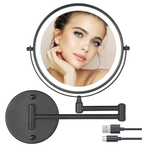 Rechargeable Wall Mounted Lighted Makeup Mirror 8 inch Double Sides 1X/10X Magnifying LED Makeup Mirror 3 Color Lights Touch Screen Dimmable 360deg Swivel Extendable Bathroom Mirror Shaving Mirror Black