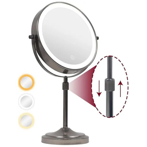 9" Makeup Mirror with Lights and Magnification 10X/1X, 360deg Swivel Double Sided 5000 mAh Rechargeable Vanity Desktop Mirror 3 Color Dimmable Lights & Height Adjustable Gunmatel Grey