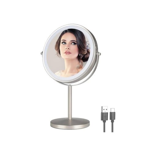 Rechargeable 8 inch Desktop Vanity Mirror with Light,3 Colors 1X/10X Table Lighted Makeup Mirror with 360deg Rotation Touch Screen, LED Dimmable Desk Lit Cosmetic magnifying Mirror Brushed Nickel