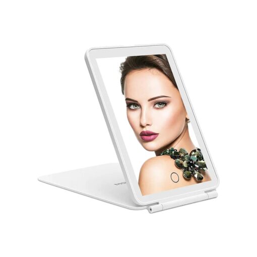 deweisn LED Tabletop Mount Makeup Mirror for Travel, 32 LEDs Lighted Vanity Mirrors with Dimmable Lighting, Compact, Slim, Rechargeable Folding Lighted Mirror for Beauty ( White )