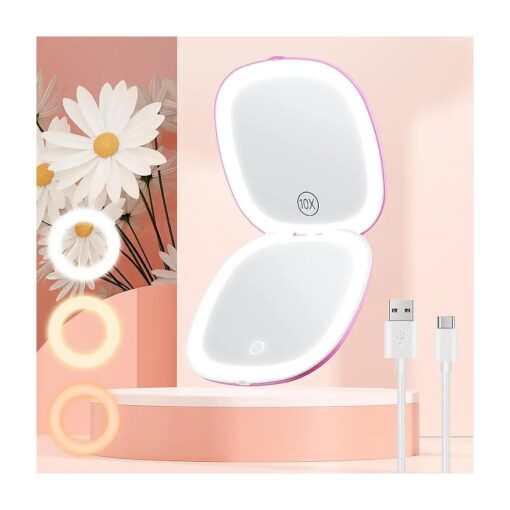 Gospire 3.9" Rechargeable Travel Makeup Mirror with Lights and Magnification 10X, 3 Light Colors & Adjustable Brightness, Magnetic Closure & Memory Function, LED Compact Mirror for Purse - Purple Pink