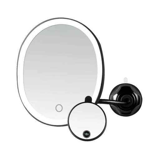 OVENTE 9" Rechargeable Lighted Wall Mount Makeup Mirror - 1X Magnifying w/ 10X Mini Magnetic, Swivel Gooseneck w/ Suction Mounting, Dimmable Oval LED USB Powered, Perfect for Bath Decor, Black MOW22B