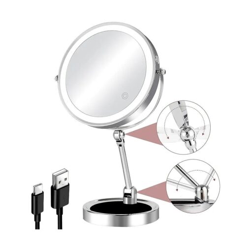 8" Rechargeable Lighted Makeup Mirror with Magnification, Adjustable Height & Brightness 1X/10X Double Side Magnifying Mirror with Light, 3 Color Lighting 360deg Rotation Storable Base, Chrome