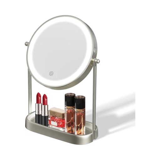 Lighted Makeup Mirror with Storage Tray 3 Lighting Modes, Rechargeable, 1X/10X Magnification, 360deg Swivel, Dimmable Vanity Cosmetic Personal Makeup Mirror Great Gift ( Nickel )