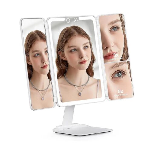 Travel Makeup Mirror, Rechargeable 1X/3X/5X Magnifying Trifold Makeup Mirror with Lights, 3 Color Lights, Touch Control Lighted Vanity Compact Mirror with Foldable Stand, White