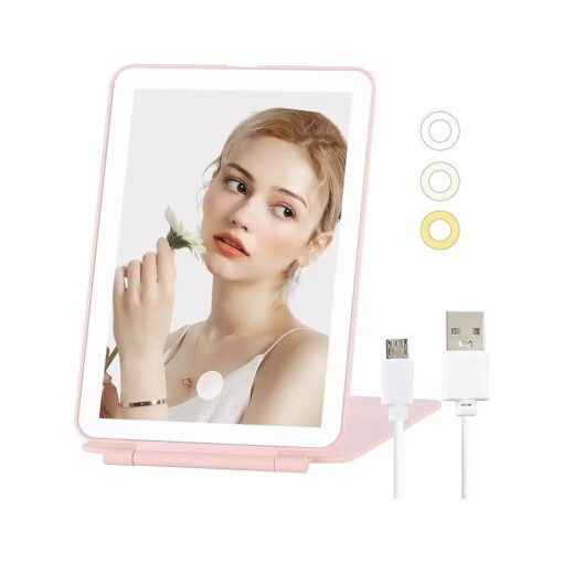 Travel Mirror, Makeup Vanity Mirrors, 1000mAh Rechargeable, Soft 3-Color Light Strip, Dimmable Touch Screen, Gift Tabletop LED Folding Cosmetic Mirror with Lights ( Pink )