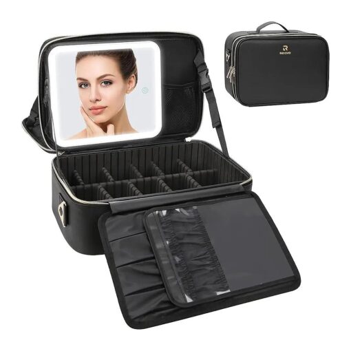 Relavel Makeup Bag with LED Mirror, Makeup Case with Lighted Mirror, Large Capacity Travel Cosmetic Train Case Organizer Box for Women, Dividers and Rechargeable Vanity Mirror with 3 Color Lights