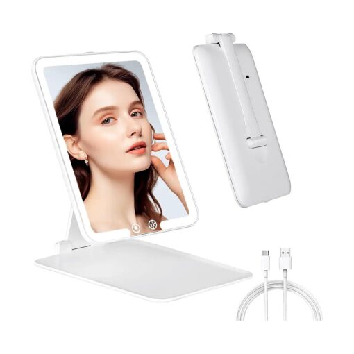 Travel Makeup Mirror with Lights : 1000mAh Rechargeable Lighted Makeup Mirror with 3 Color Modes - Portable, Lightweight and Foldable Vanity Mirror Travel Essentials, White