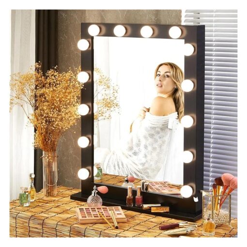 LUXFURNI Large Vanity Mirror with Lights, Large Makeup Mirror with Lights, Hollywood Lighted Mirror with 14 Dimmable LED Bulbs for Vanity Desk Tabletop, Wall-Mount ( 24Wx32L, Black )