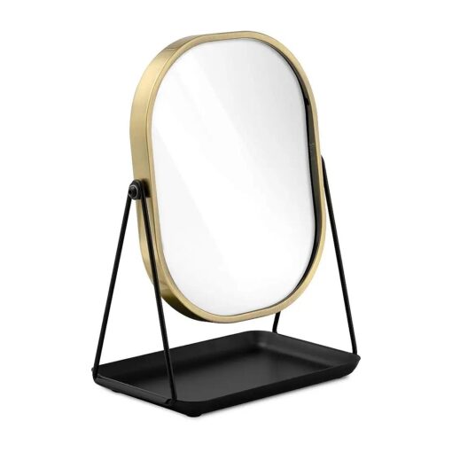 Navaris Magnifying Table Top Mirror - Double-Sided 1x/3x Magnification Vanity Makeup Mirror with Tray - For Bathroom, Bedroom, Desk - Black and Gold