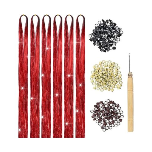 Hair Tinsel Kit With Tools Tinsel Hair Extensions 6Pcs 1200 Strands Fairy Hair Tinsel Heat Resistant Glitter Hair Extensions Sparkling Shiny Hair Tensile for Women Girls Kids ( Red 6Pcs )