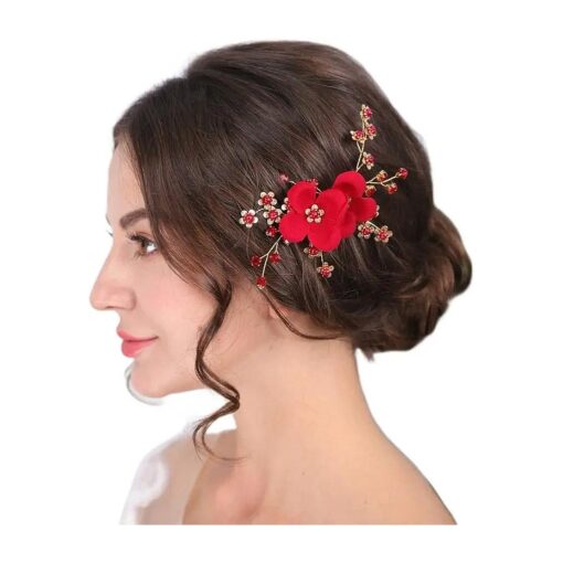 Sither Red Hair Clip for Bridal Floral Hair Comb for Women Wedding Hair Accessories for Bride Hair Clip Headpiece for Wedding Party Prom Gift