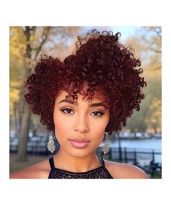 TISHINING Burgundy Short Curly Afro Wigs for Black Women Red Kinky Curly Wig with Bangs Heat Resistant Synthetic Full Hair Wig