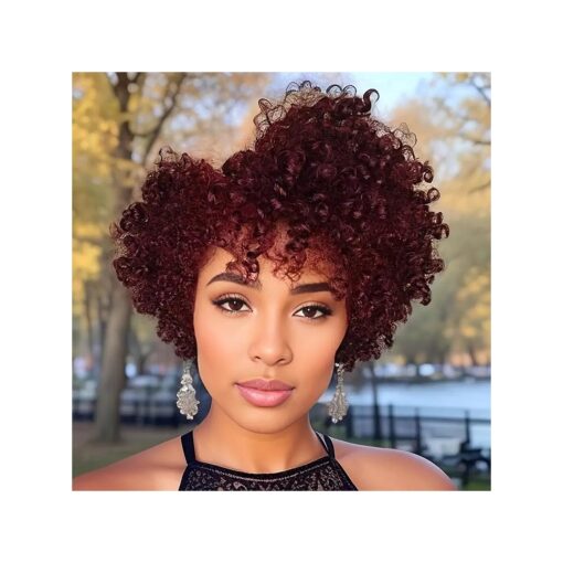 TISHINING Burgundy Short Curly Afro Wigs for Black Women Red Kinky Curly Wig with Bangs Heat Resistant Synthetic Full Hair Wig