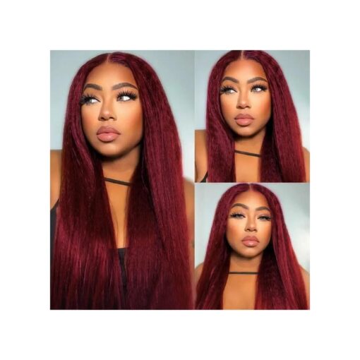 NOSTALGIA Red Kinky Straight Wig Long Red Wig Natural Burgundy Kinky Wig For Black Women 32 Inch Long Yaki Straight Hair Wig Synthetic Middle Part Wigs For Daily Party Wig ( 32 Inch, 99J )