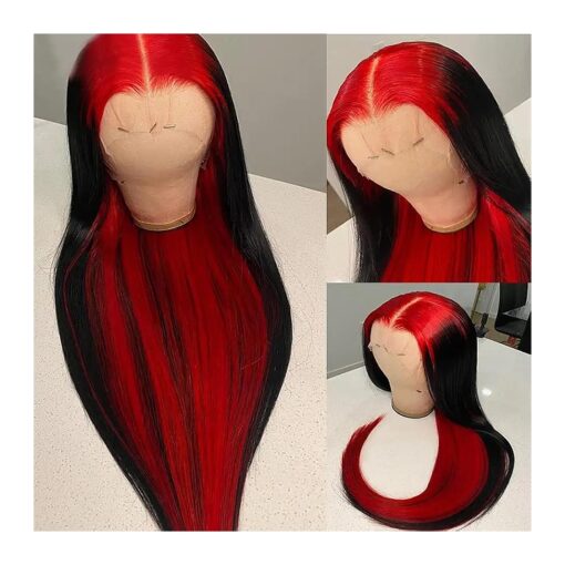 Highlight Ombre Red Straight Lace Frontal Human Hair Wig 180 % Density 13X4 Brazilian Remy Wigs For Black Women Pre Plucked Transparent HD Lace Front Wigs Human Hair with Baby Hair Middle Part 28 Inch