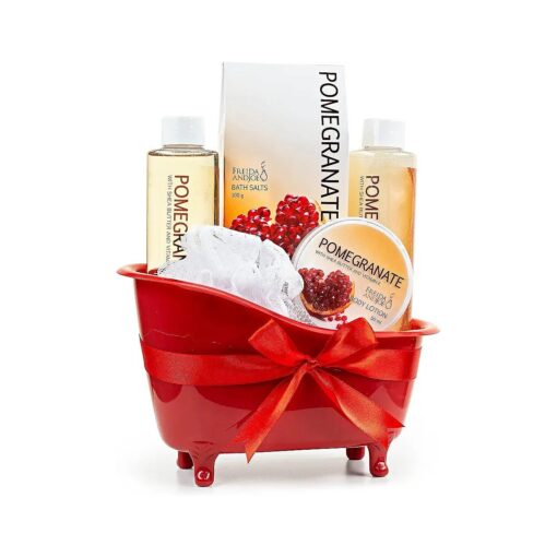 Red Pomegranate Home Spa Bath Basket - Bath & Body Set For Women - Contains Shower Gel, Bubble Bath, Body Lotion, Pomegranate Bath Salt & Pouf in Red Tub