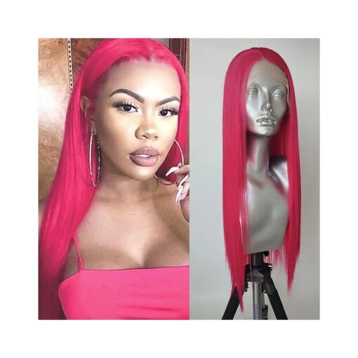 13 * 4 Red Synthetic Lace Front Wigs Middle Part Long Straight Magenta Hot Pink Heat Resistant Fiber Hair Half Hand Tied Replacement Wigs For Women Daily Use