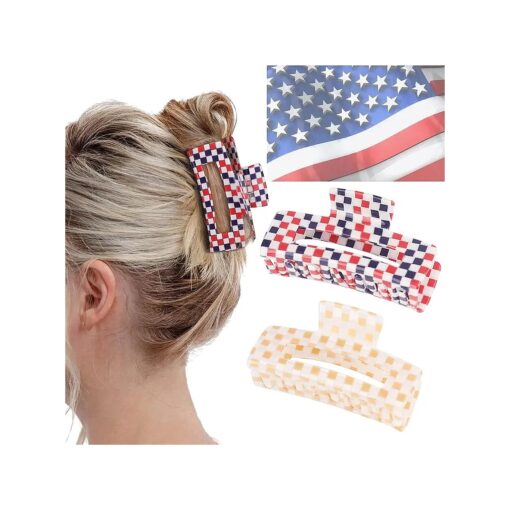 Checkered Claw Clip, Large Hair Claw Clips for Thick Hair, 2pcs Big Hair Clips for Women, Rectangle Claw Clip, Y2K Fashion Accessories Gold Red White and Blue 4th of July Decorations