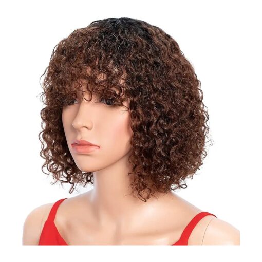 Spotlight Short Kinky Curly Wigs 10 inch Bob Loose Wave Human Hair Wigs for Women Brazilian Virgin Human Hair Wigs with Bangs Natural Looking ( Reddish Brown, TT1B/33 )