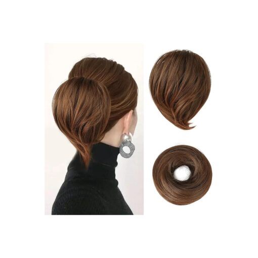 BARSDAR Straight Hair Bun Extensions Short Ponytail Brown Hair Bun Extensions Synthetic Messy Bun Hairpieces Elastic Easy Scrunchies for Women Girls- Mixed Reddish Chestnut Brown