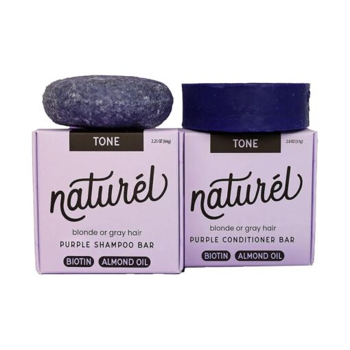 Naturel Toning Purple Shampoo and Conditioner Bar Set with Biotin for Blonde or Grey Hair, Shampoo Bar and Conditioner Bar for Blonde or Grey Hair, Vegan and Cruelty Free, Zero Waste, Made in USA