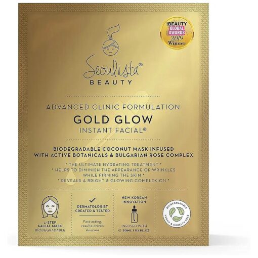 Seoulista Beauty ( r ) Advanced Clinic Formulation Gold Glow Instant Facial ( tm ) 30ml | Anti-Ageing Face Sheet Mask | Dermatologist Created Korean Skin Care | Reduce The Appearance Of Fine Lines & Wrinkles