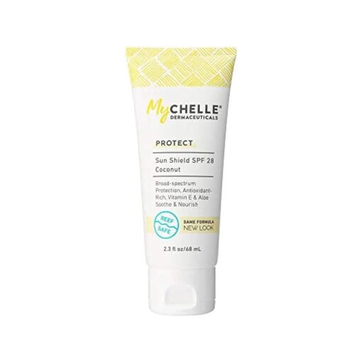 MyCHELLE Dermaceuticals Sun Shield SPF 28 Coconut ( 2.3 Fl Oz ) - Soothing Reef Safe Sunscreen with Vitamin E and Aloe - Travel Size Zinc Sunscreen for Face and Body