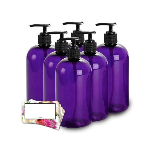 16 oz Empty Refillable Plastic Pump Bottles Dispenser 6 Pk PET BPA Free Refillable Containers Shampoo Lotion Oil Soap Waterproof Labels USA ( Purple with Black Pump Floral Labels )