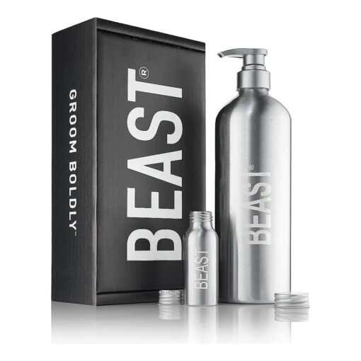 Tame the Beast Beast Bottle - Reusable Eco-Friendly Shower Bottle Made From Durable Recycled Aluminum - Refillable Shampoo Conditioner Body Wash Liquid Soap Shaving Cream ( 1L + travel 2oz )