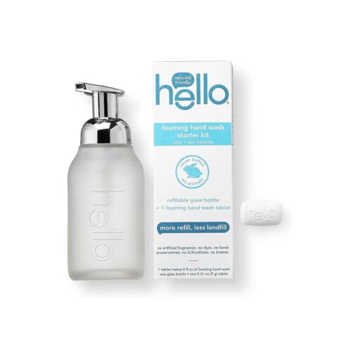 hello Foaming Hand Soap Tablet Starter Kit, Refillable Glass Bottle with 1 Aloe & Sea Minerals Foaming Hand Soap Tablet Refill Hand Soap, Eco Friendly, Plastic-Free, Vegan & SLS Free