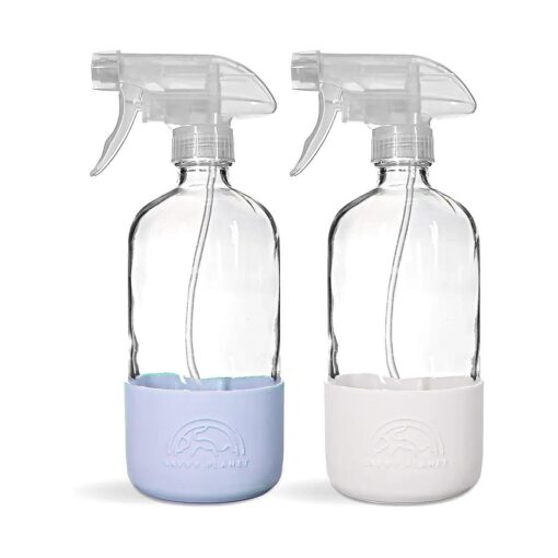 Empty Clear Glass Spray Bottles with Silicone Sleeve Protection - Refillable 16 oz Containers for Cleaning Solutions - Quality Sprayer - 2 Pack