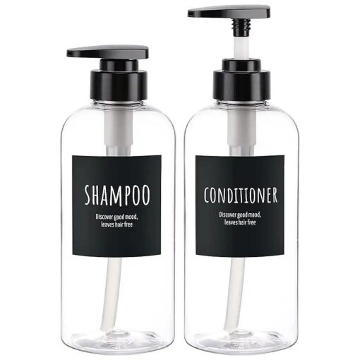 Shampoo and Conditioner Bottles, Segbeauty 2 Pack 16.9oz Refillable Shampoo Bottles, 500ml Labeled Clear Shower Bottles Refillable, Large Empty Plastic Bathroom Soap Lotion Shampoo Dispenser with Pump