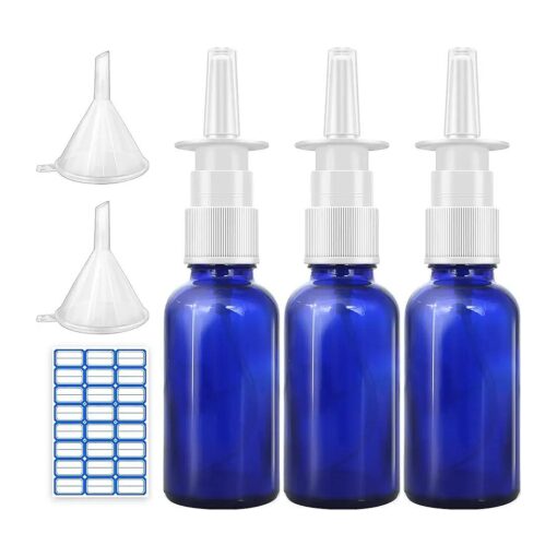 Cupohus Nasal Spray Bottle, 3 Pcs 30ML/1oz Cobalt Blue Glass Refillable Fine Mist Sprayers Atomizers, Travel Sized, Empty Nasal Sprayer with Funnels and Labels