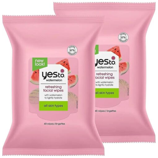 Yes To Face Wipes for Women and Men, Refreshing Facial Cleansing Wipes for use as a Make Up Remover, Cleaning, Soothing, Watermelon ( Pack of 2 )