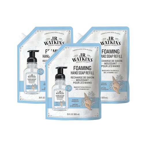 J.R. Watkins Foaming Hand Soap Refill, Moisturizing Foam Hand Wash, All Natural, Alcohol-Free, Cruelty-Free, USA Made, Ocean Breeze, 28 fl oz, 3 Pack