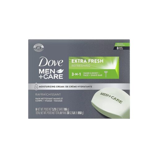 Dove Men+Care 3 in 1 Bar Cleanser for Body, Face, and Shaving to Clean and Hydrate Skin Extra Fresh Body and Facial Cleanser More Moisturizing Than Bar Soap 3.75 oz 8 Bars