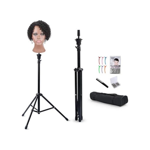 Klvied Reinforced Wig Stand Tripod Mannequin Head Stand, Adjustable Holder for Cosmetology Hairdressing Training with T-with Caps, T-Pins, Comb, Hair Clip, Carrying Bag