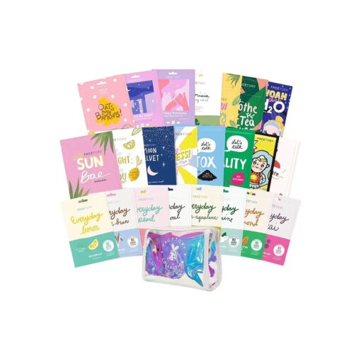 FACETORY Glow Getter Bundle - 23 Variety Sheet Mask Pack with Travel-Friendly Makeup Pouch - Hydrating, Moisturizing, Radiance Boosting Sheet Mask Set